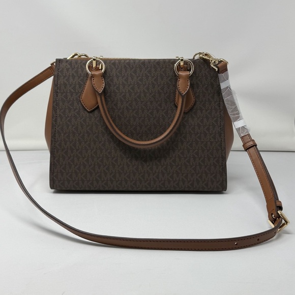 Michael Kors Marilyn Signature Medium Satchel Bag Brown Beige Stripe - Picture 8 of 10